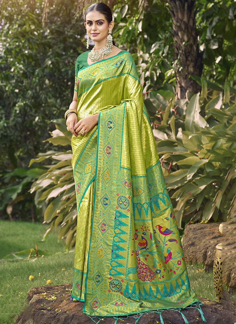 Buy Parrot Green Woven Wedding Wear Silk Saree Online